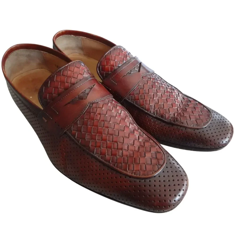Magnanni Brown Woven Braided Leather Penny Loafers Men 9.5 Spain Perforated Work